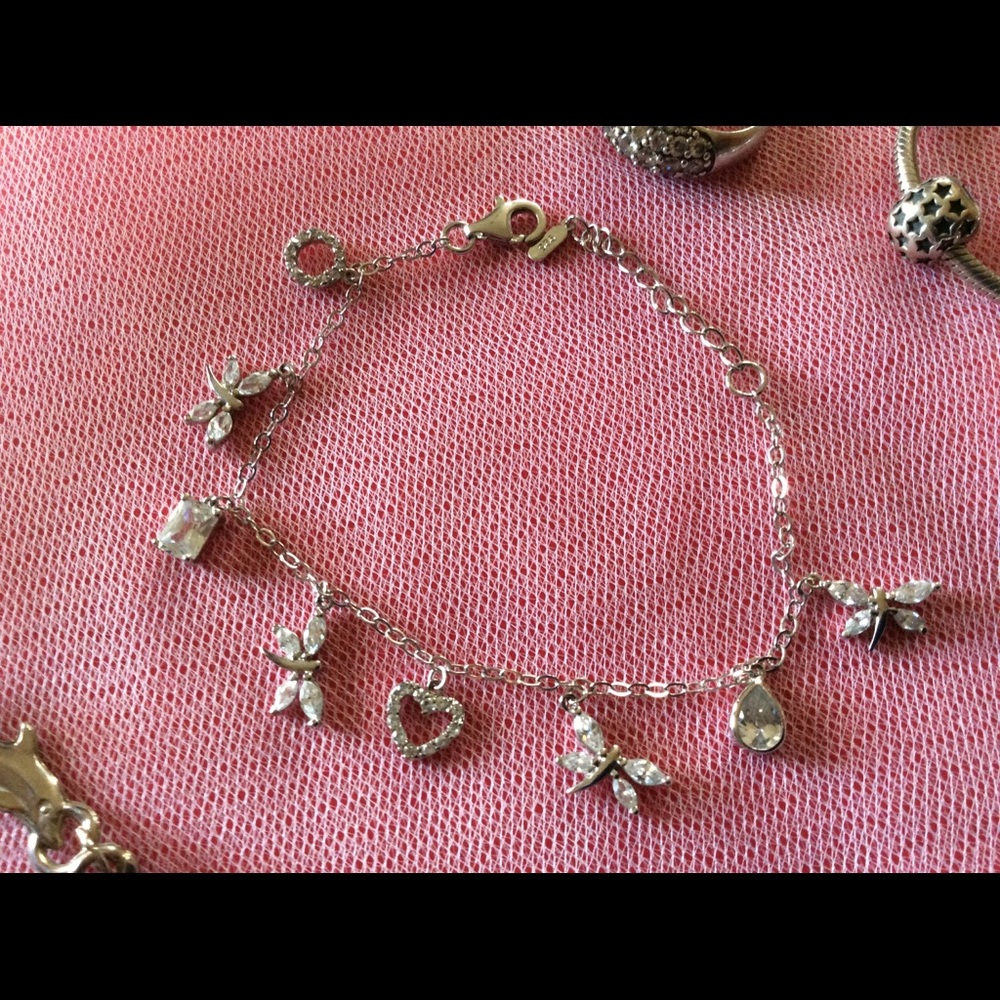 Sterling silver dragonfly heart 8  charm bracelet